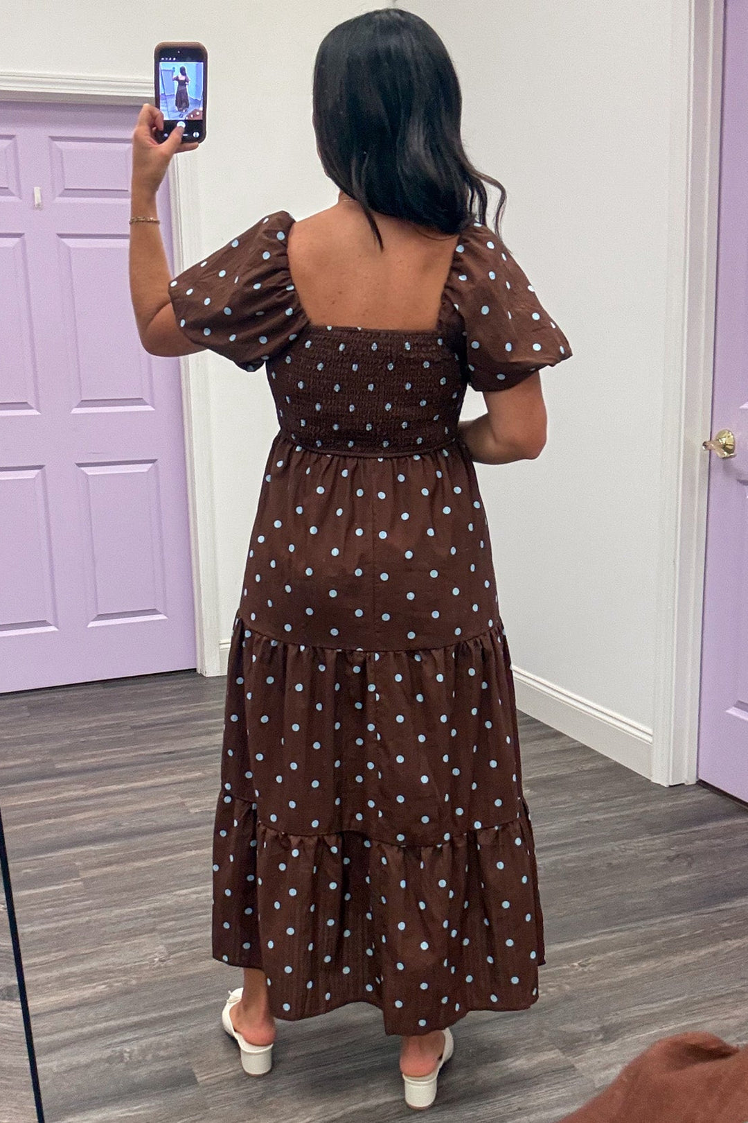 brown with light blue polka dot print cuffed short puff sleeve tiered cotton midi dress