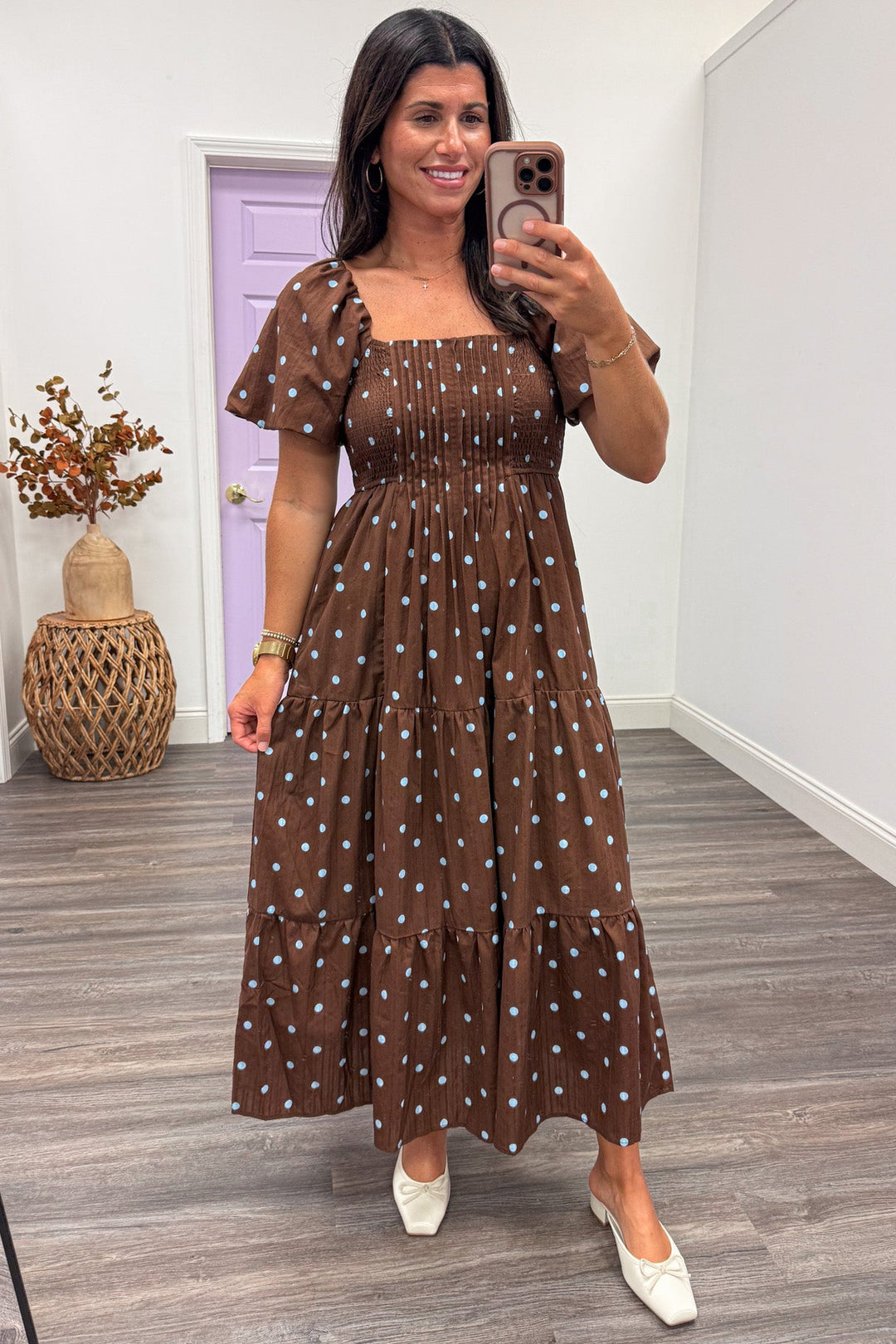 brown with light blue polka dot print puff sleeve tiered cotton midi dress