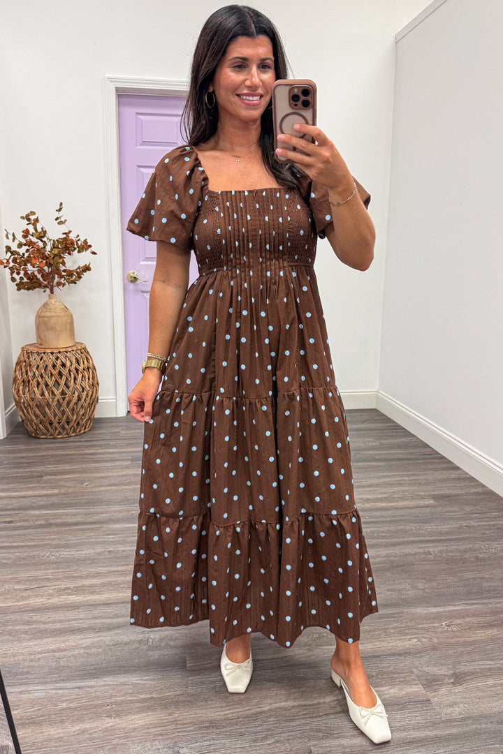 brown with light blue polka dot print puff sleeve tiered cotton midi dress