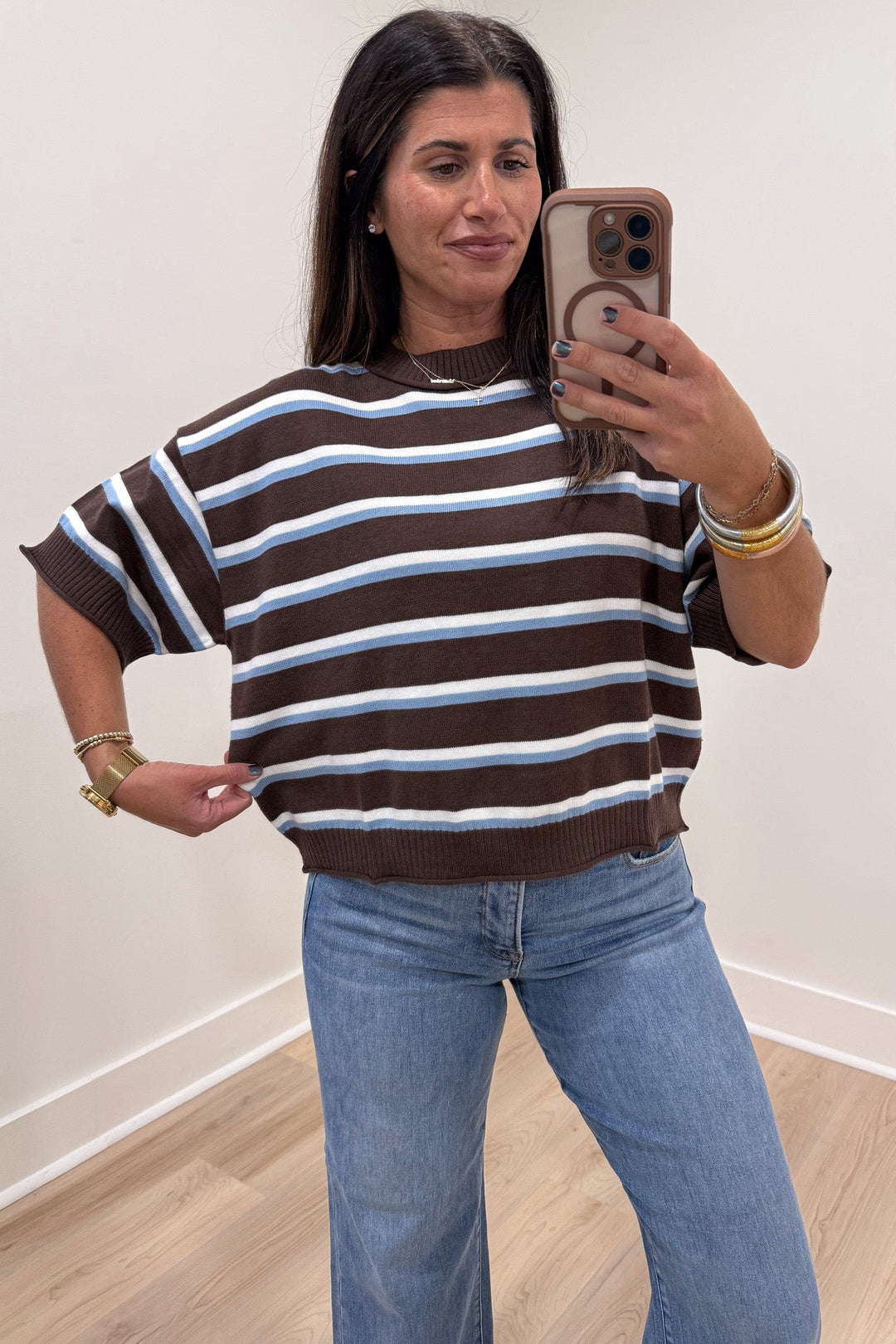 brown light blue and white striped half sleeve crew neckline relaxed silhouette semi-cropped knit top