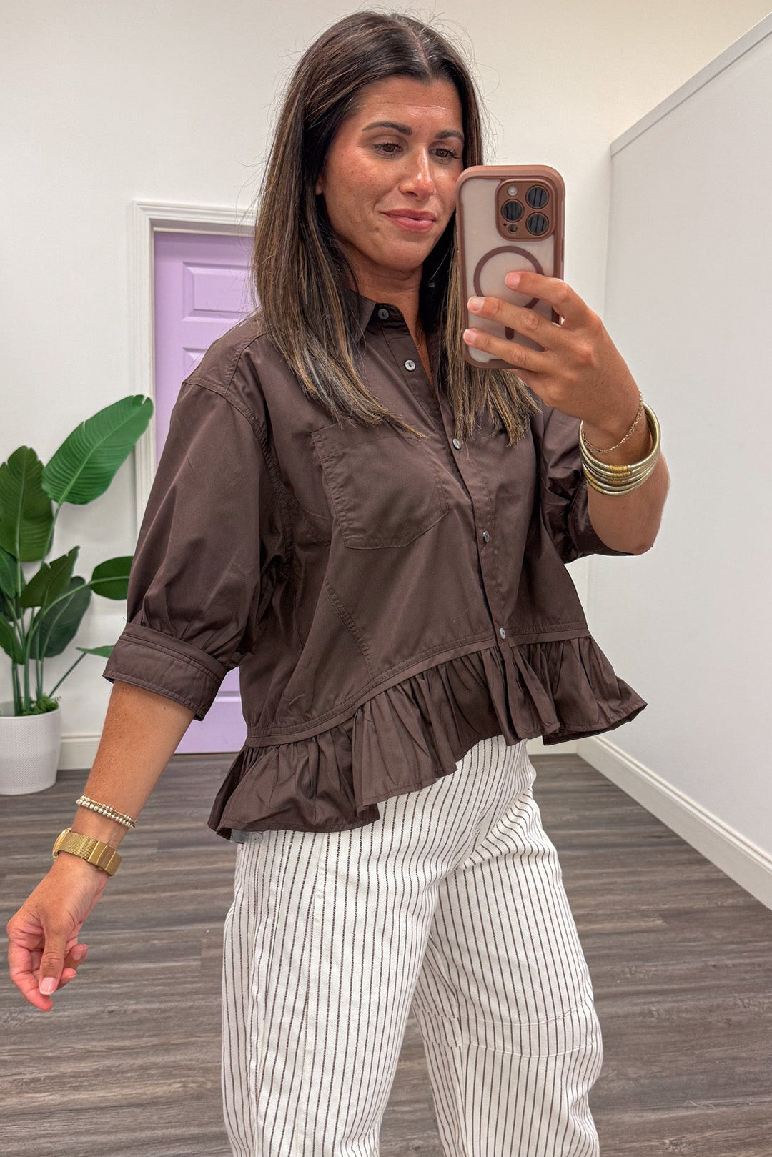 solid dark brown button down half sleeve semi-cropped ruffle hem peplum top