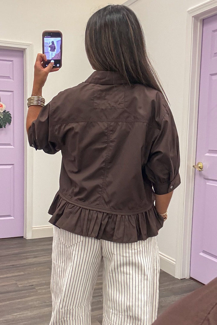 solid dark brown collared button down semi-cropped ruffle hem peplum top