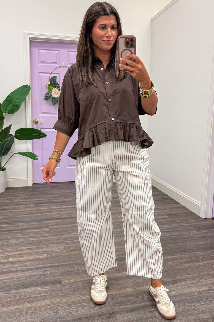 solid dark brown button down semi-cropped hi-low ruffle hem peplum top