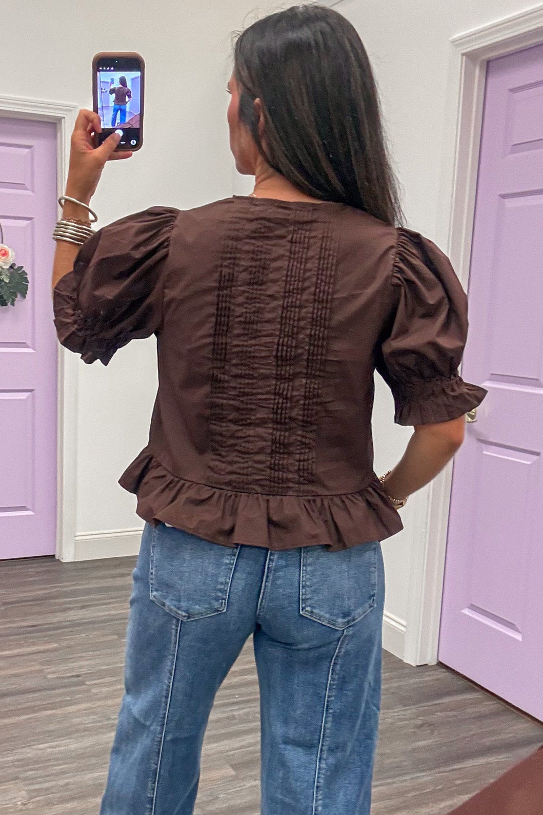 solid brown button front puff sleeve semi-cropped ruffled peplum cotton top with pintuck details