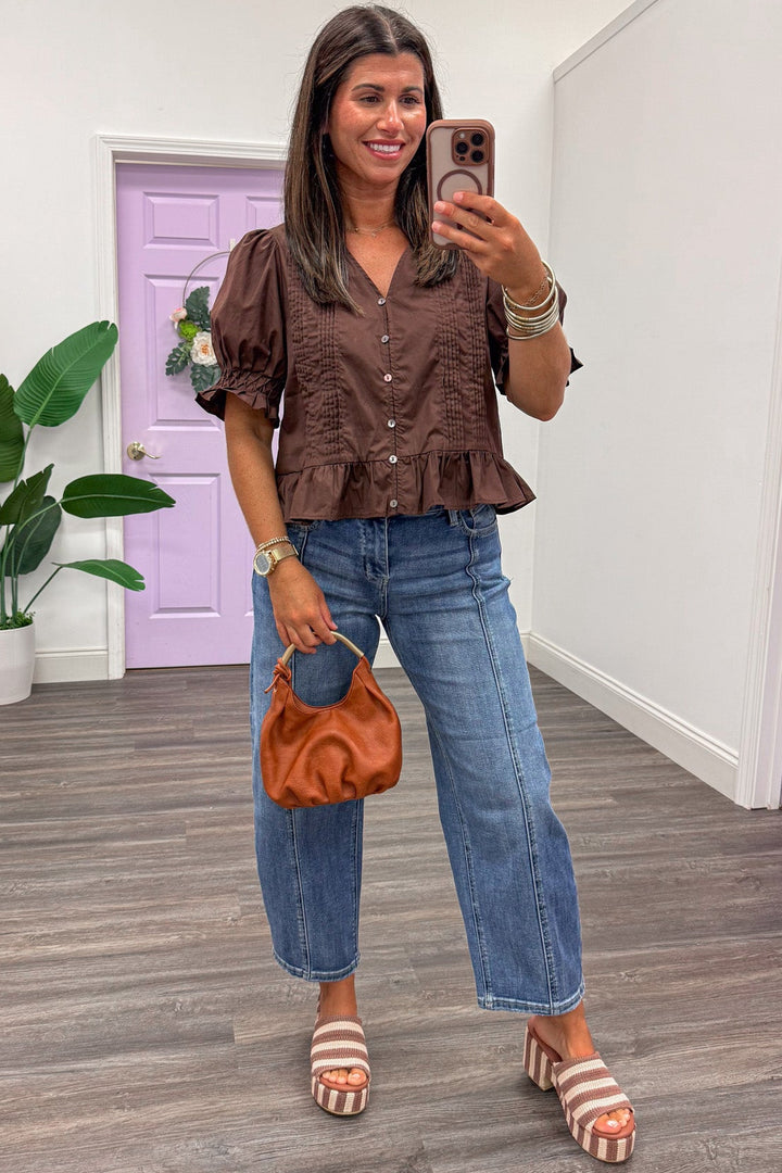 solid brown v neckline button front puff sleeve semi-cropped ruffled peplum cotton top