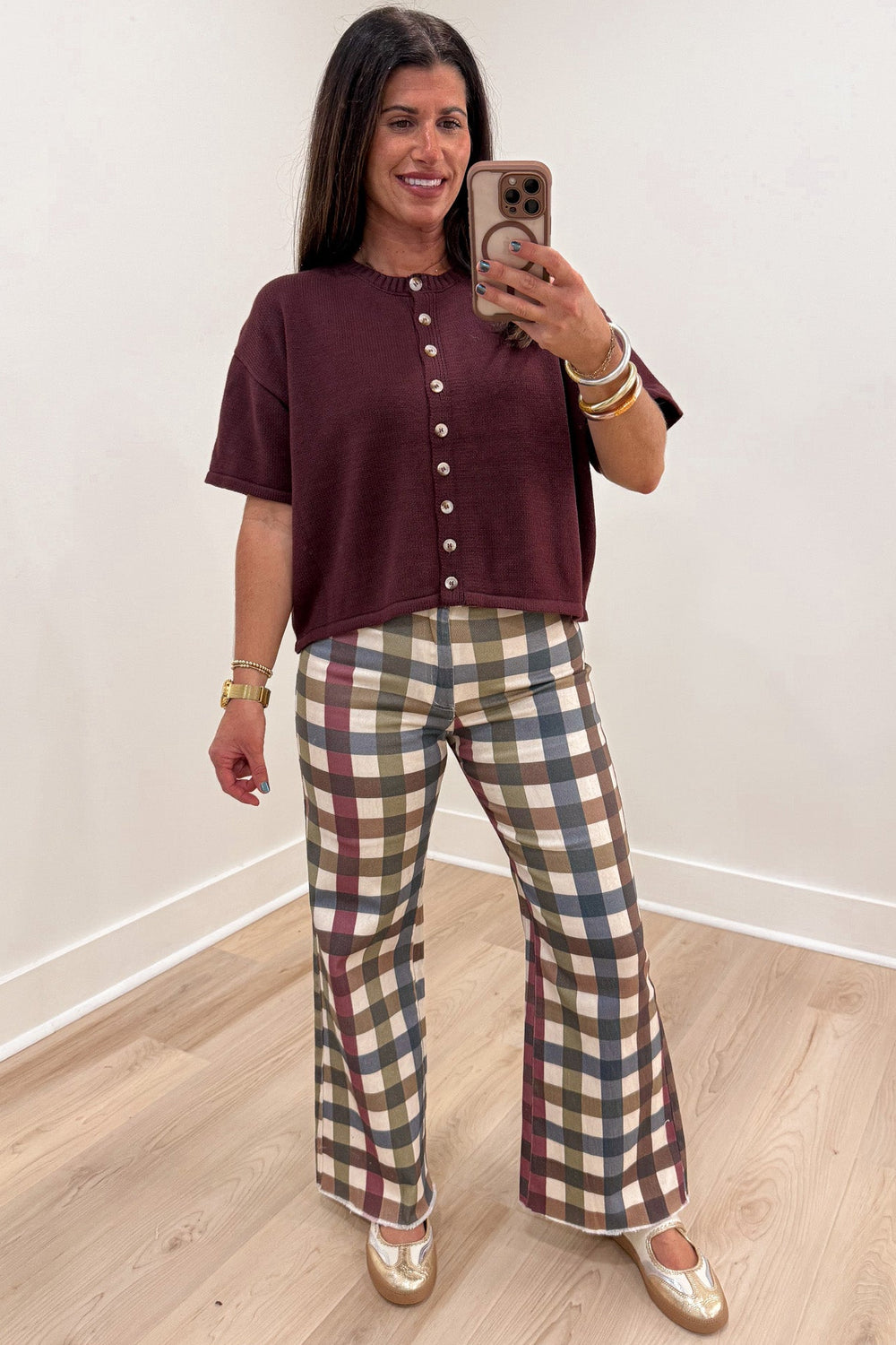 solid espresso brown crew neckline button front short sleeve semi-cropped knit cardigan top
