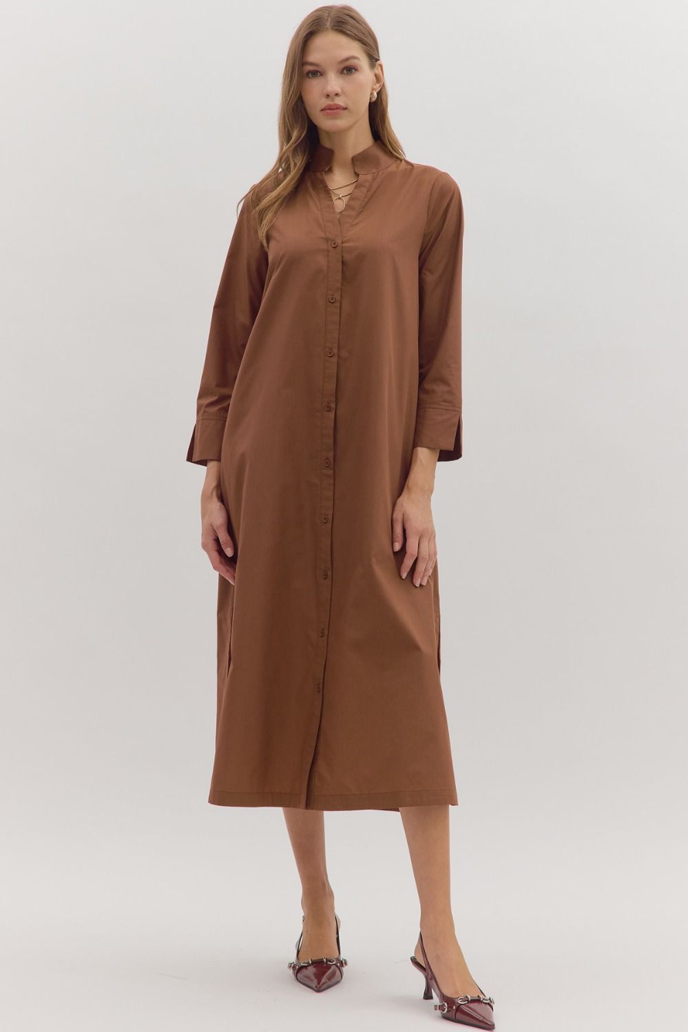 entro solid long sleeve brown midi dress front