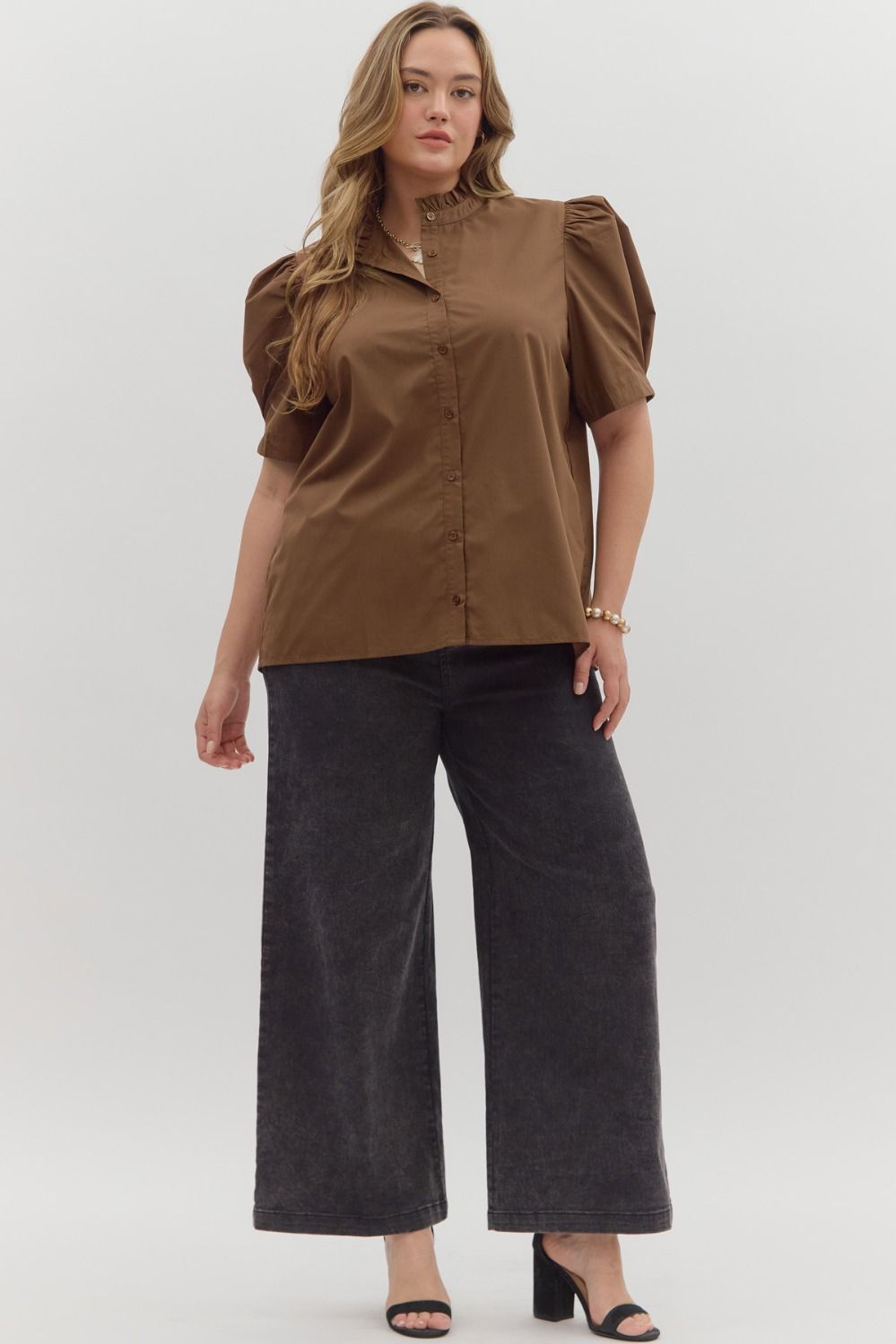 Women's brown button front top by Entro in plus showing full front view