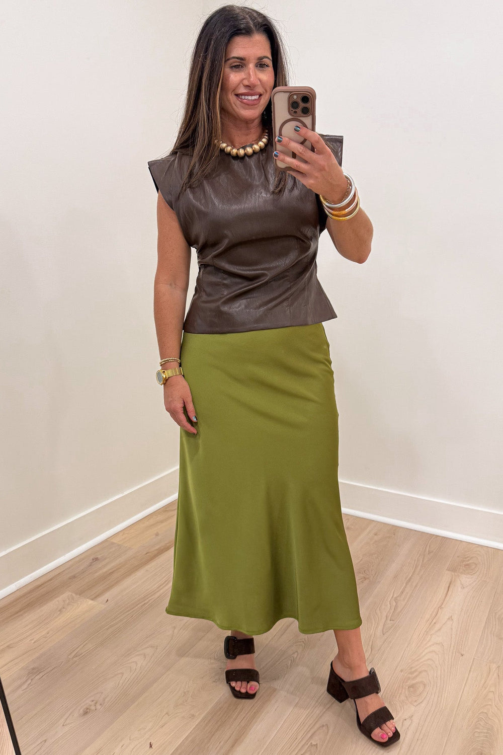 solid brown dolman cap sleeve crew neckline semi-cropped faux leather top
