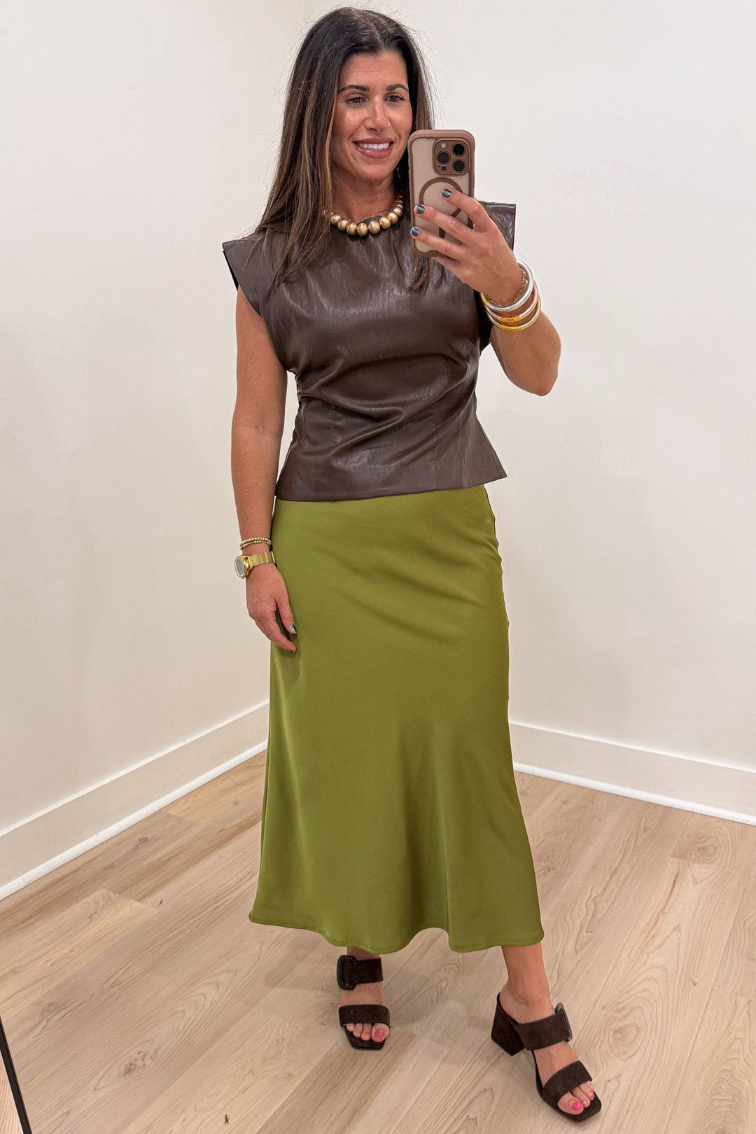 solid brown dolman cap sleeve crew neckline semi-cropped faux leather top