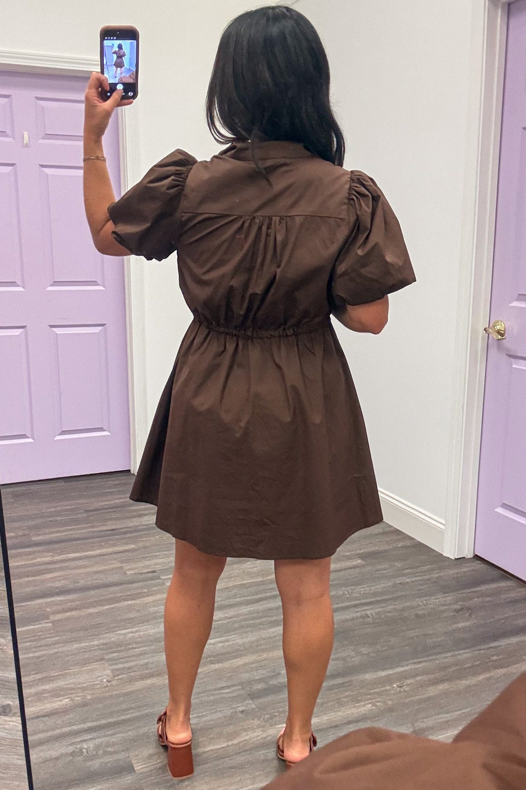 solid brown flap covered button front puff sleeve cinch waist cotton poplin short dress