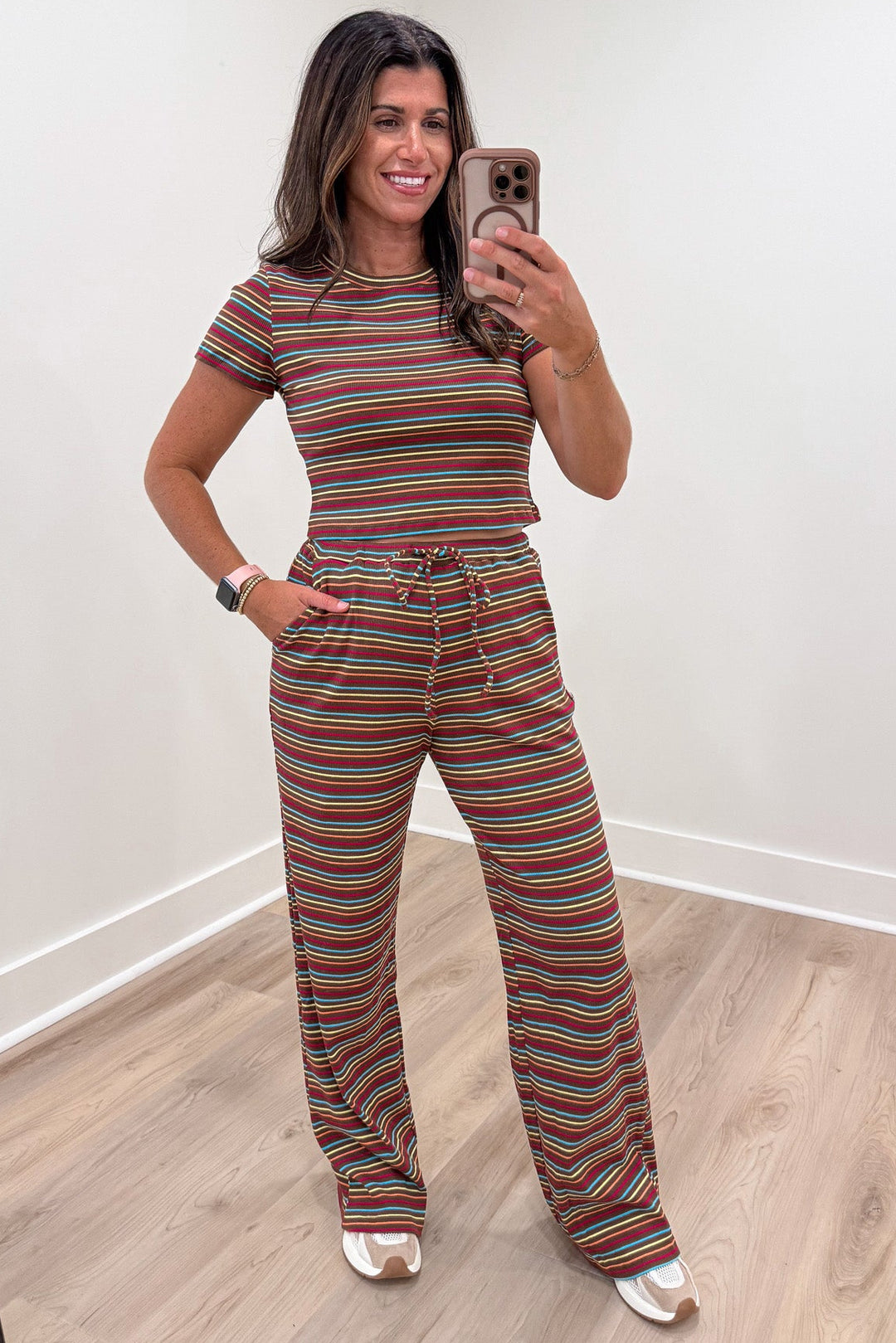 brown with multicolored striped ribbed crop top and wide leg pants matching set