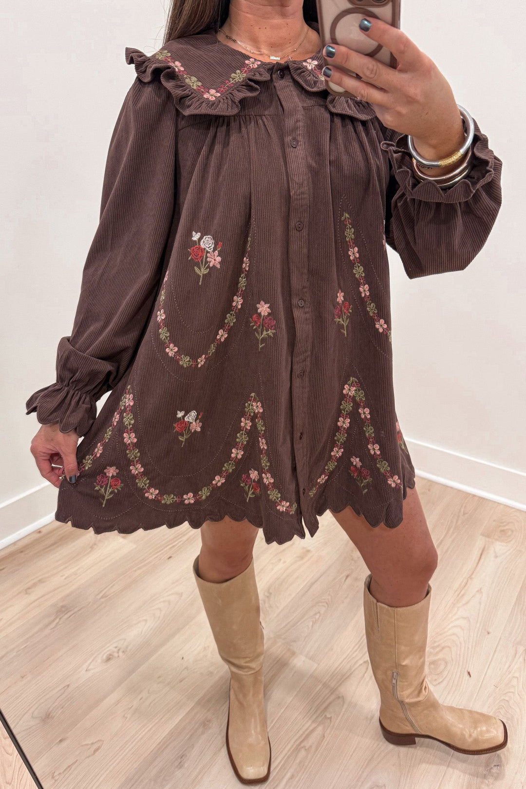 brown corduroy with multicolored floral embroidery long sleeve button front midi dress with ruffle trimmed collar