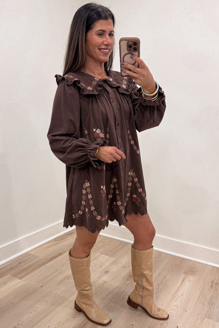 brown corduroy with multicolored floral embroidery long balloon sleeve button front midi dress