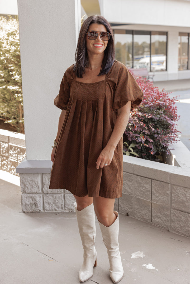 Women's brown pleated corduroy dress with black polkadots by Wishlist