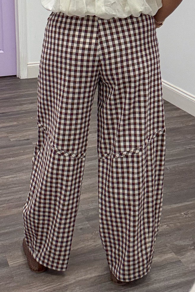 brown and cream gingham checkered print wide barrel leg cotton pants with reverse seam details