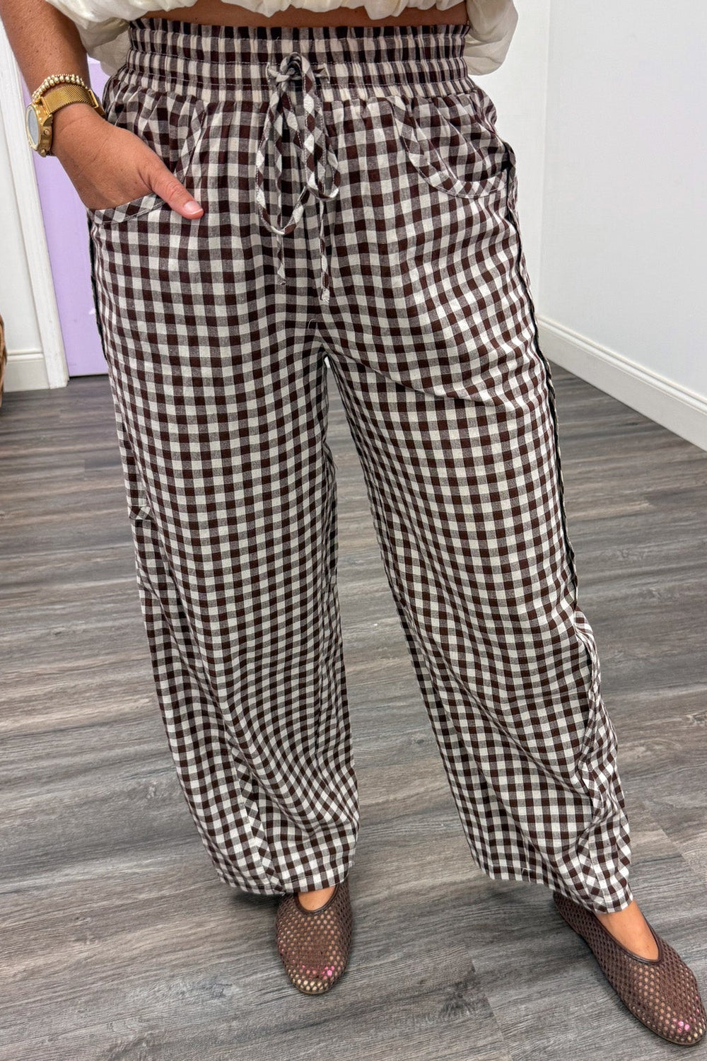 brown and cream gingham checkered print wide barrel leg cotton pants with front pockets