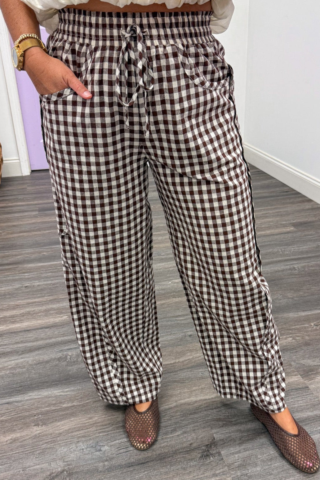 brown and cream gingham checkered print wide barrel leg cotton pants with front pockets