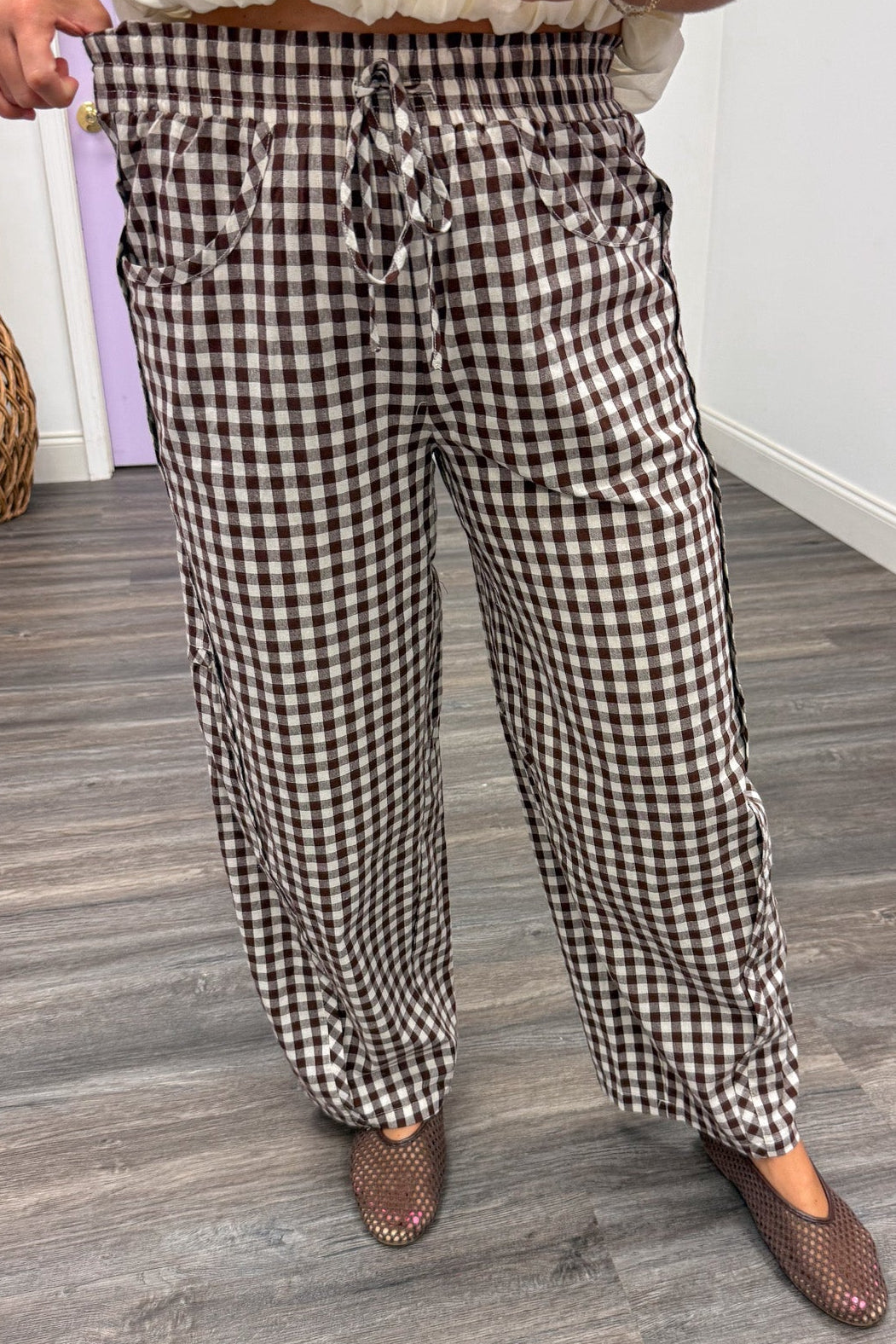 brown and cream gingham checkered print elastic waist wide barrel leg cotton pants