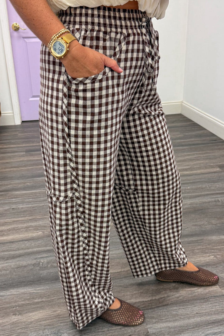 brown and cream gingham checkered print drawstring wide barrel leg cotton pants