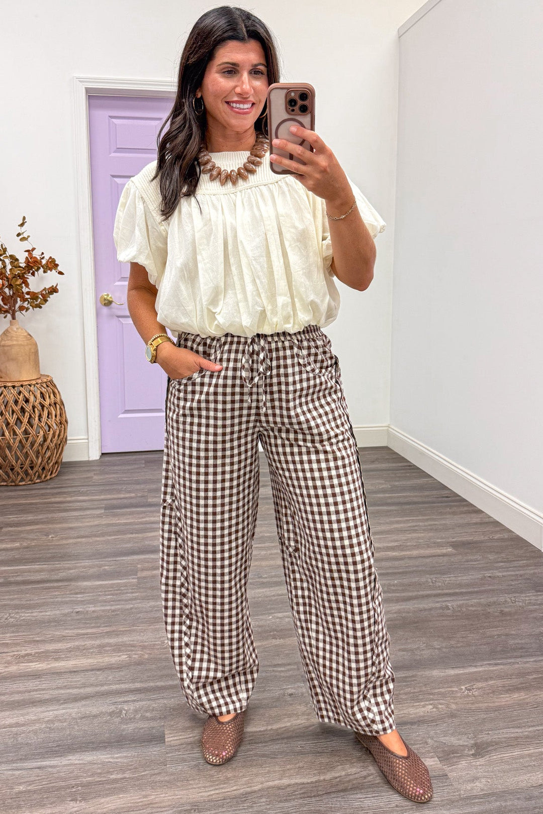 brown and cream gingham checkered print wide barrel leg cotton pants