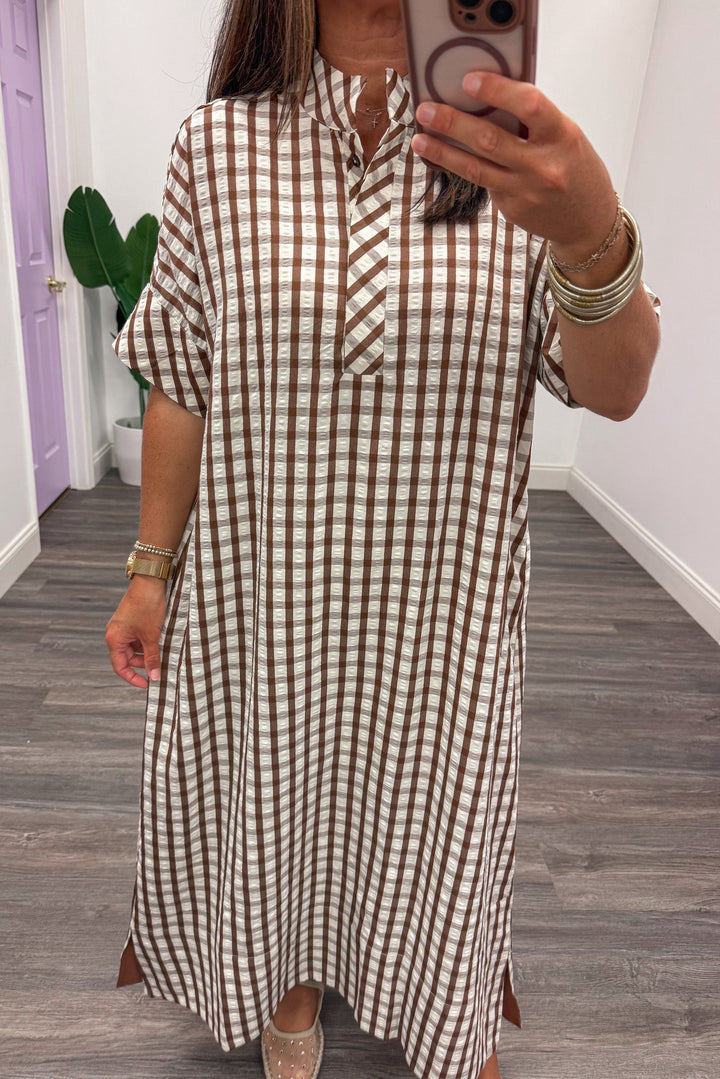 brown and cream gingham checkered print short sleeve mock neck midi dress