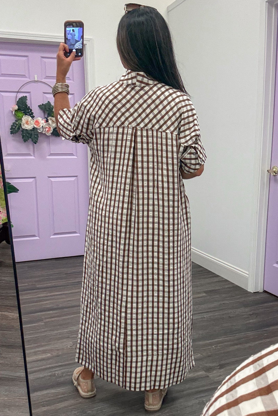 brown and cream gingham checkered print button cuffed short sleeve midi dress