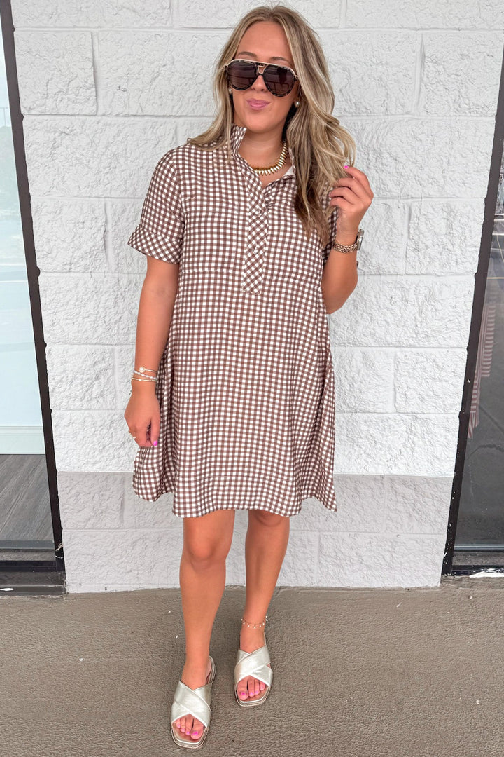 brown and cream gingham checkered print short sleeve button front bodice short dress