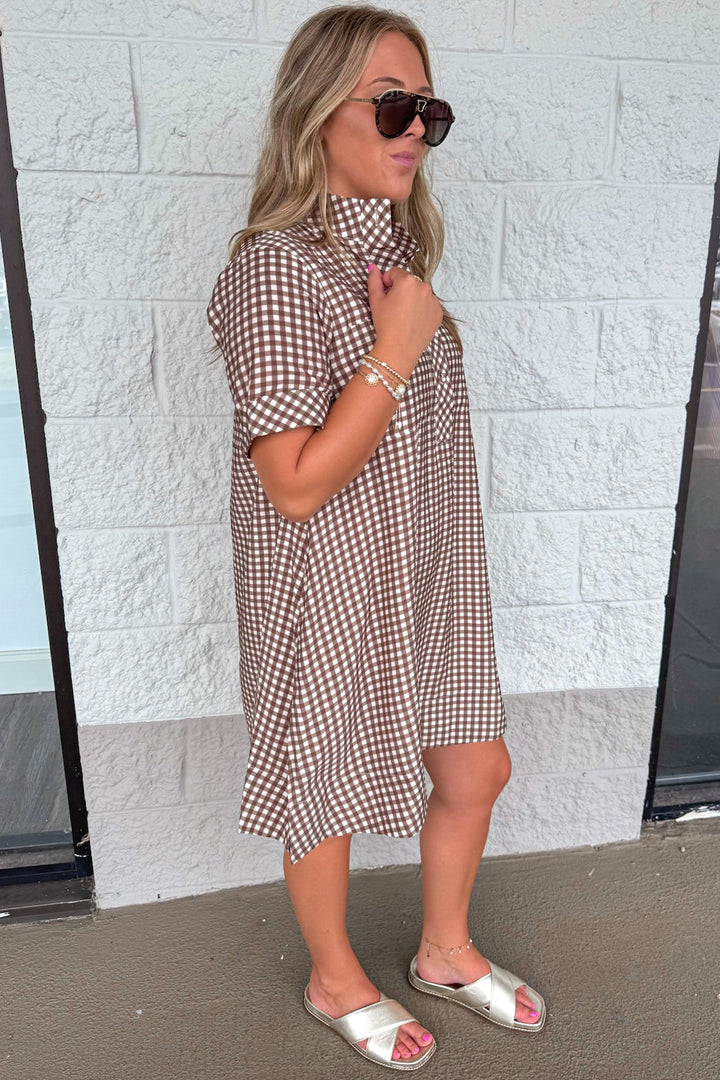 brown and cream gingham checkered print cuffed short sleeve button front bodice dress