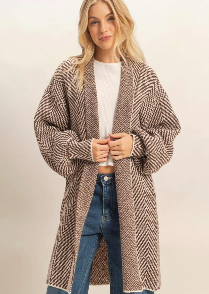 Women's brown and cream herringbone knit open front sweater cardigan by HYFVE