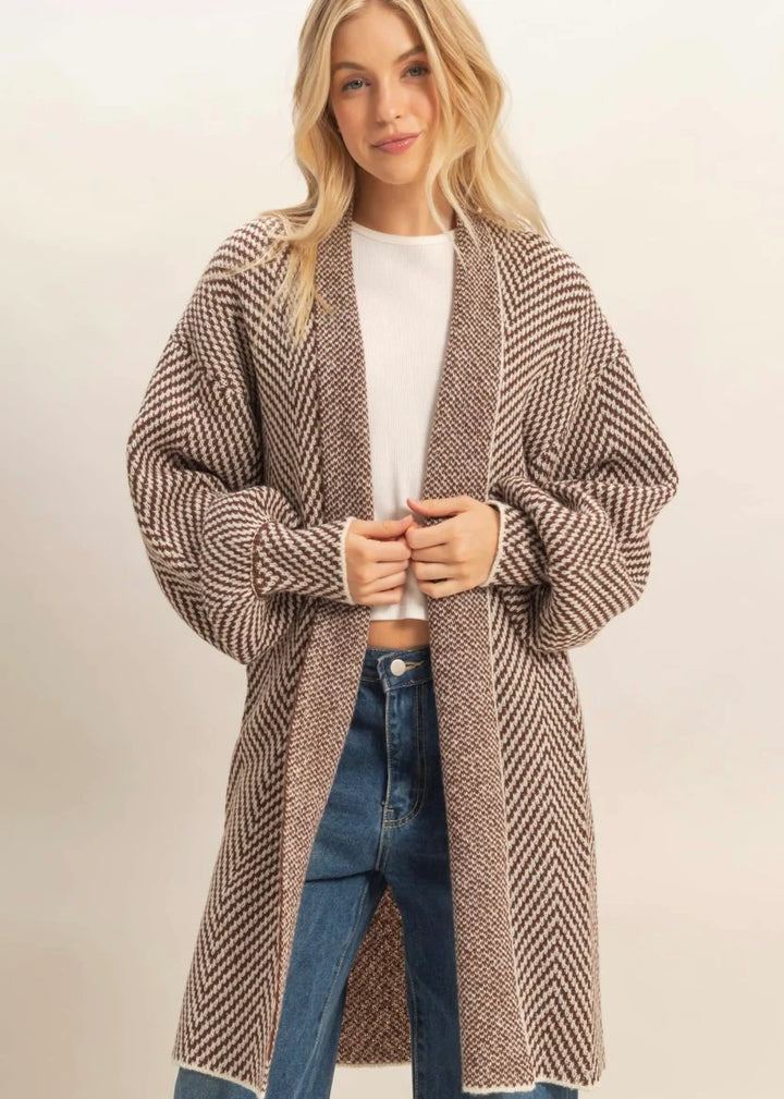 Women's brown and cream herringbone knit open front sweater cardigan by HYFVE