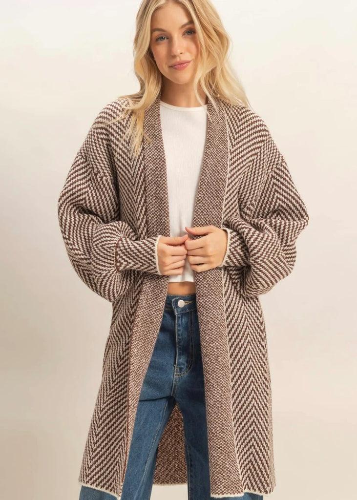 Women's Brown Herringbone Knit Open Front Long Cardigan – Purple
