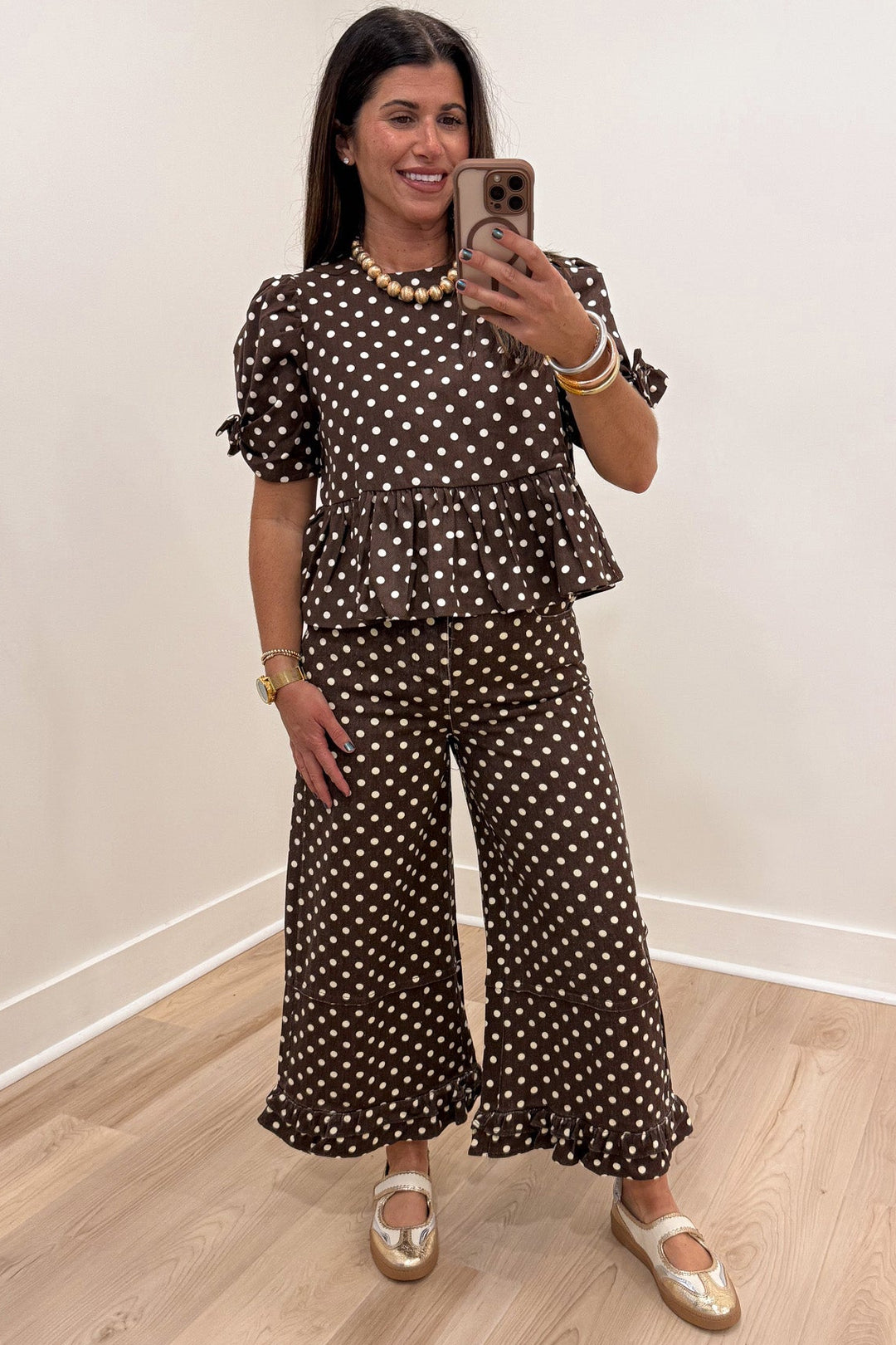 brown with cream polka dot print ruffled hem wide leg cropped twill denim pants