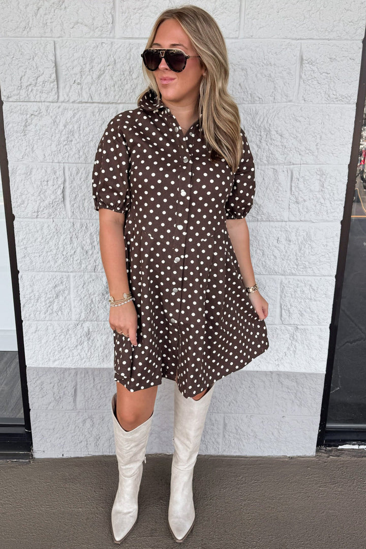 brown with cream polka dot print short puff sleeve snap button front short dress