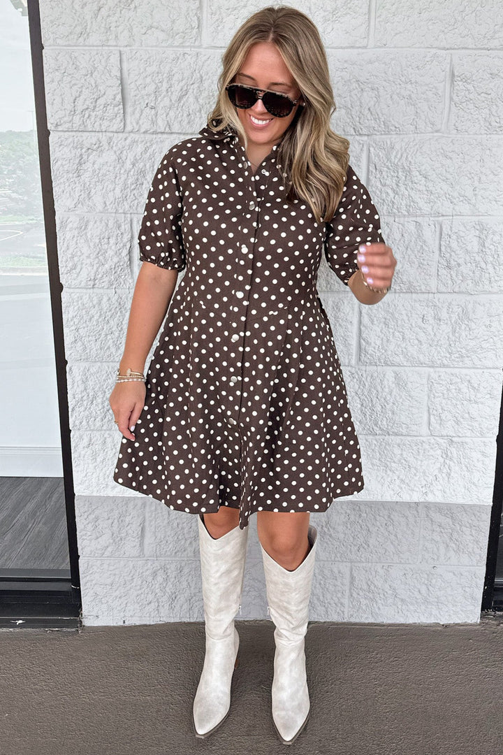 brown with cream polka dot print puff sleeve snap button front denim short dress