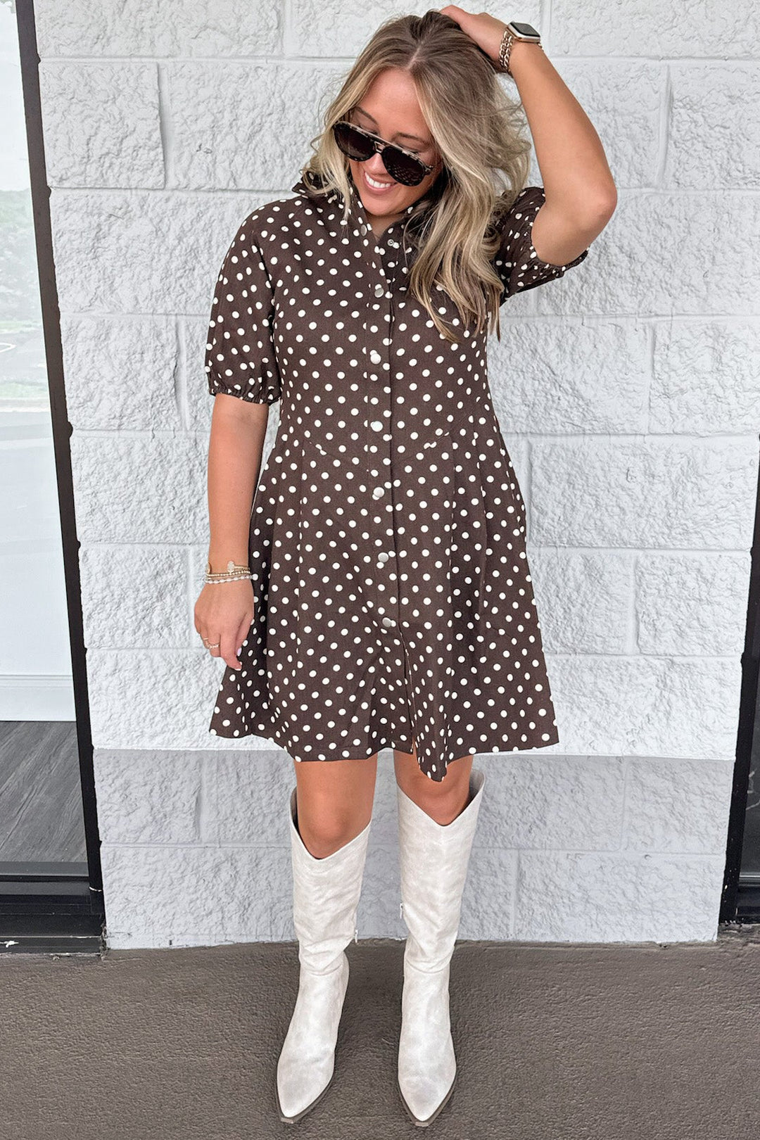 brown with cream polka dot print puff sleeve snap button front twill denim short dress