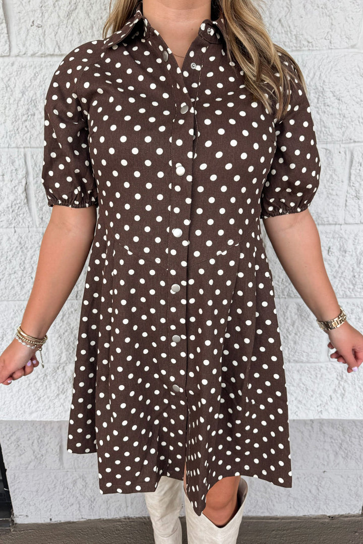 brown with cream polka dot print puff sleeve collared neckline snap button front short dress