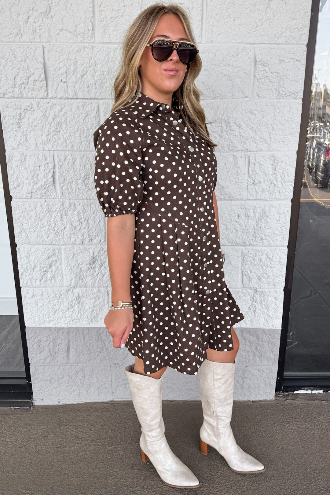 brown with cream polka dot print puff sleeve snap button front relaxed fit short dress
