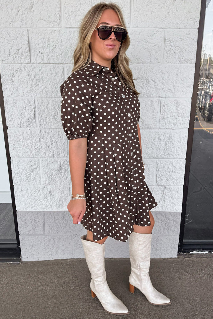 brown with cream polka dot print puff sleeve snap button front relaxed fit short dress