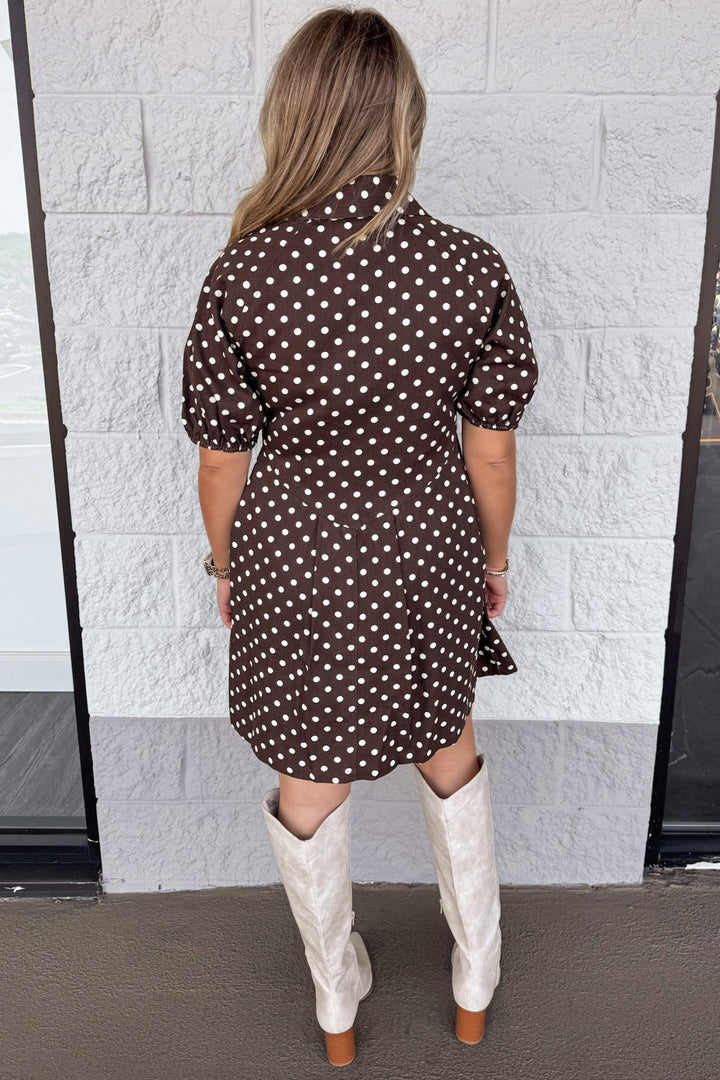 brown with cream polka dot print puff sleeve snap button front short dress back view