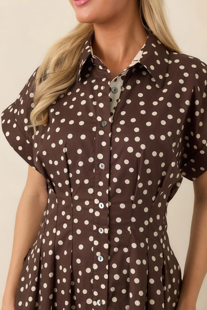 Entro brown and cream polka dot button front poplin midi dress with short sleeves
