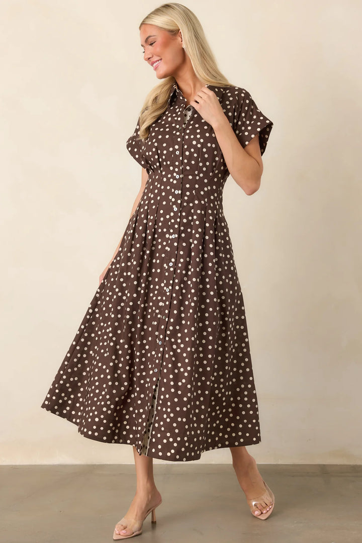 Entro brown and cream polka dot button front poplin midi dress with side pockets