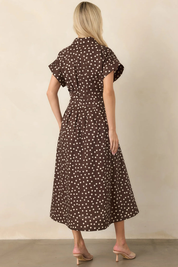 Entro brown and cream polka dot button front poplin midi dress in a flattering fit