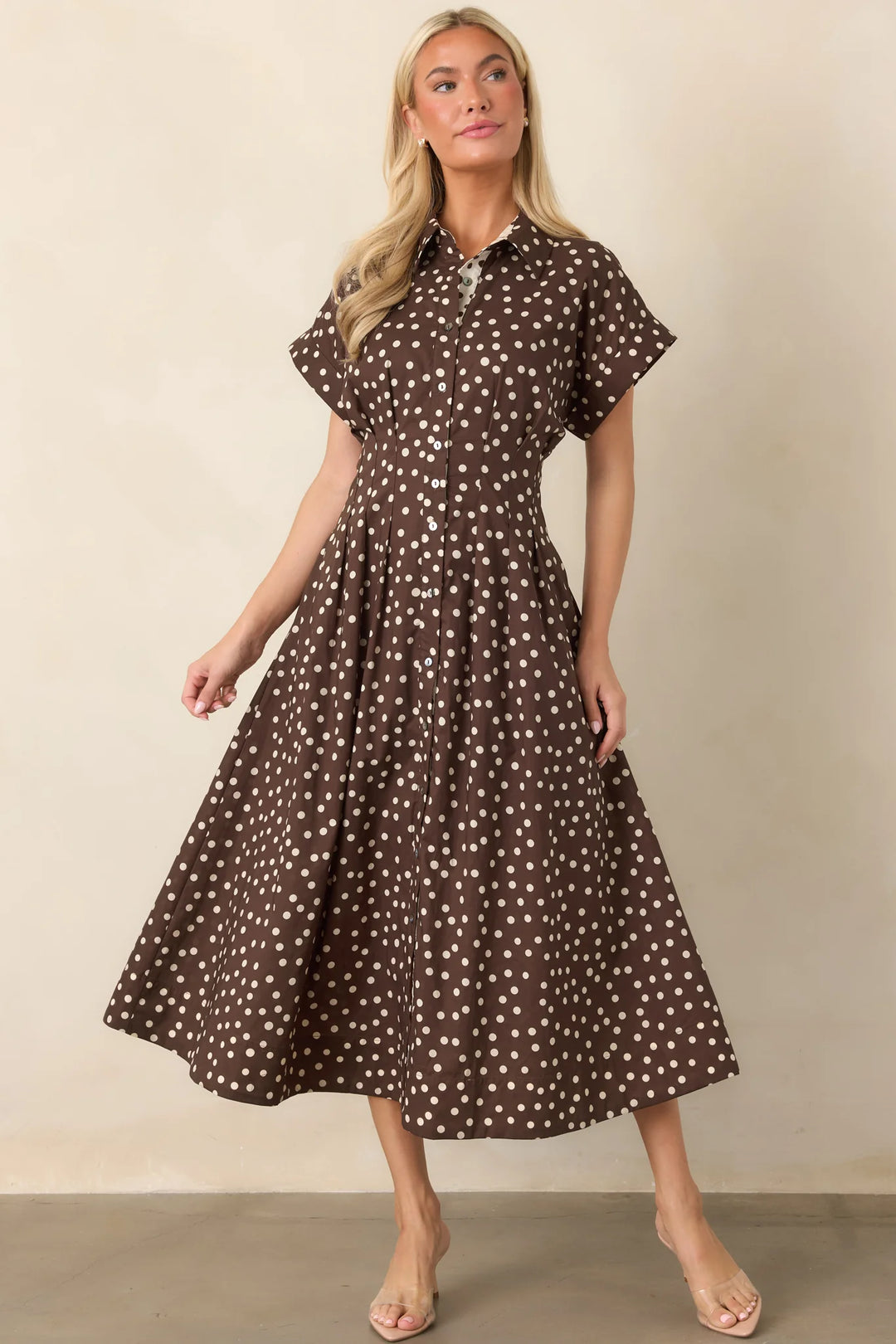 Entro brown and cream polka dot button front poplin midi dress