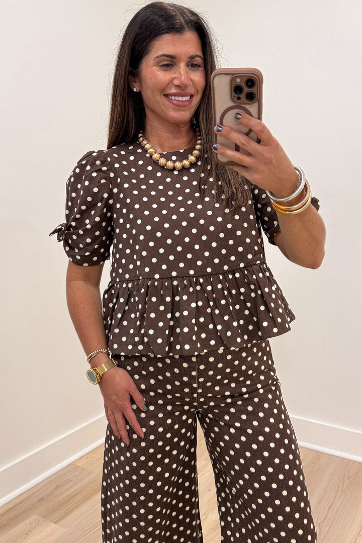 brown with cream polka dot print semi-cropped peplum style denim twill top
