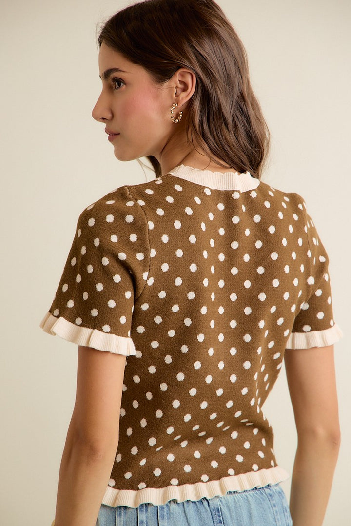 Brown and cream knit top with ruffle trim in a trendy vintage style