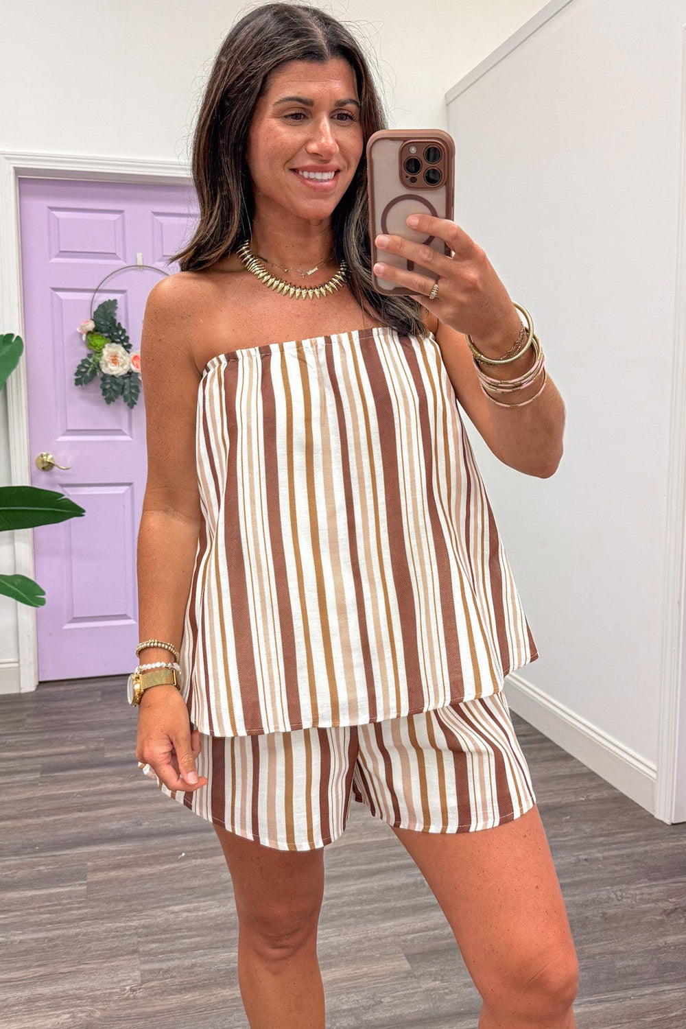 brown tan and cream striped strapless top and shorts matching linen-like set