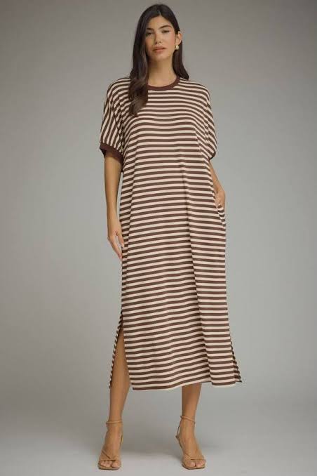 Entro brown and cream striped midi dress with dolman sleeves