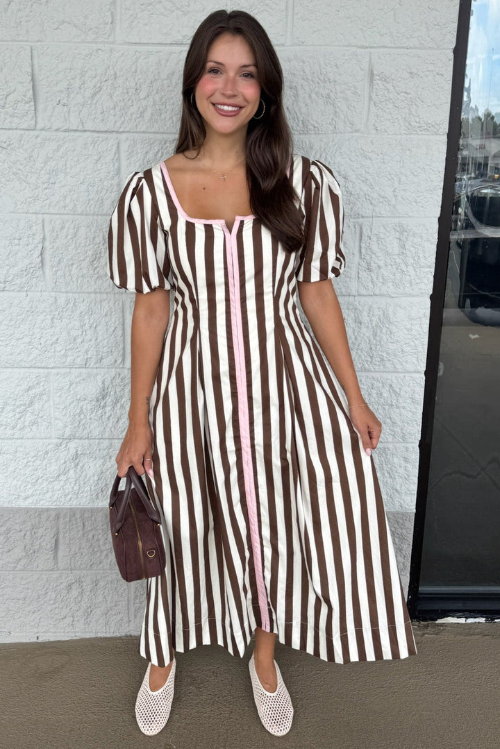 brown and cream vertical stripes with light pink trim puff sleeve midi dress with flowy skirt