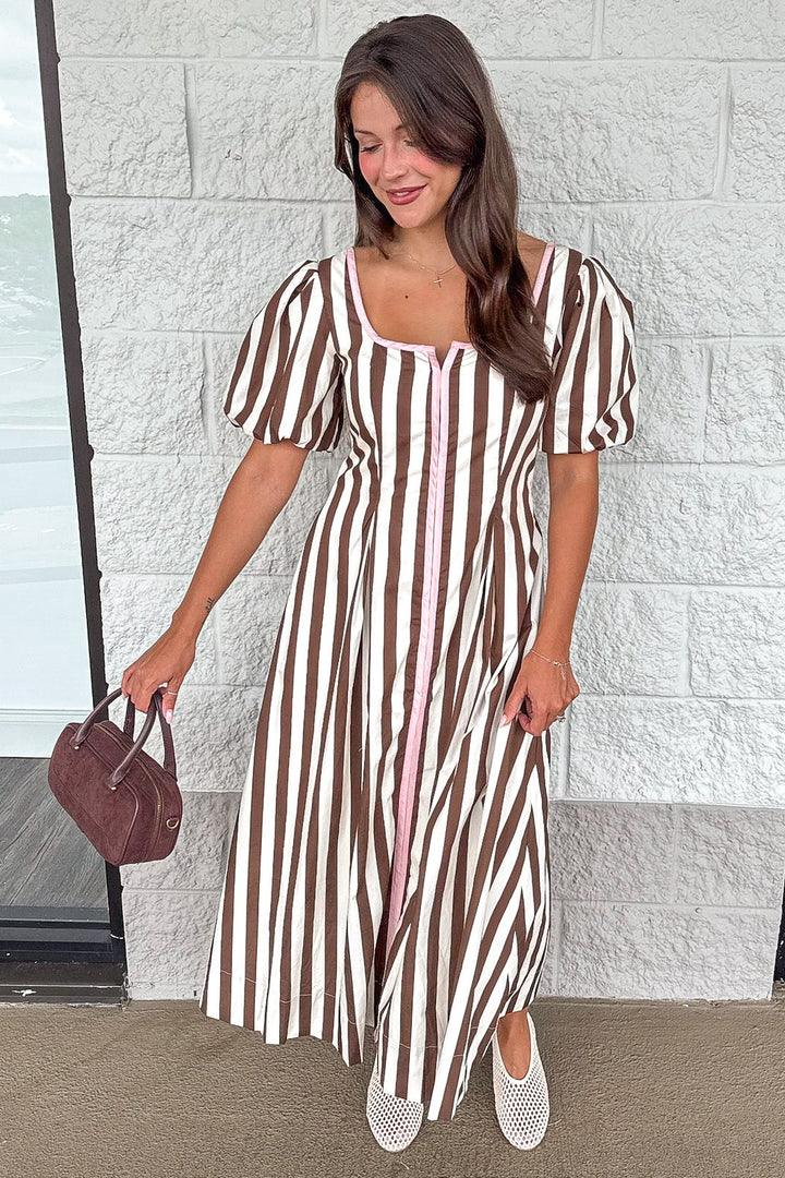 brown and cream vertical stripes with light pink trim short puff sleeve midi dress